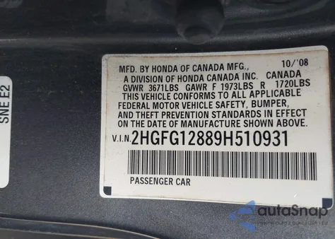 2009 Honda Civic Ex z USA, uszkodzony, nr VIN 2HGFG12889H510931